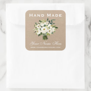 Hand Made Green Watercolor Floral Small Kraft Square Sticker
