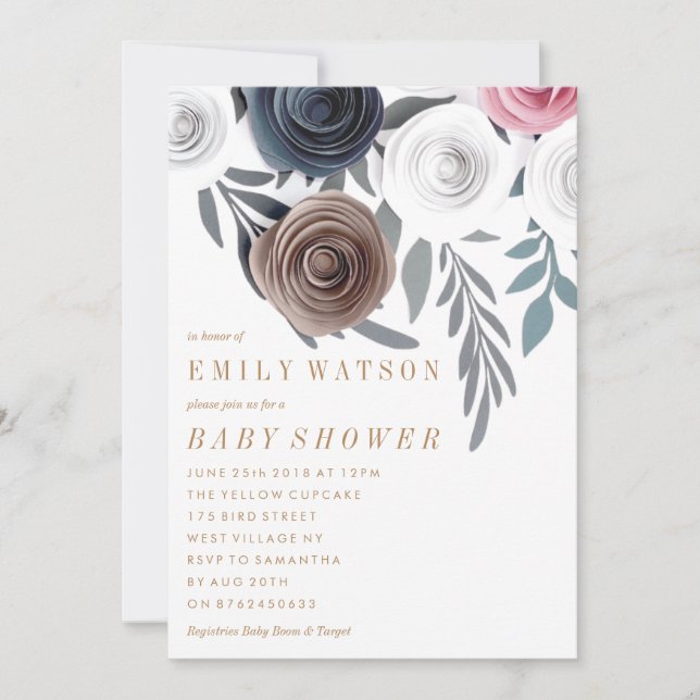 Hand Made Pretty Paper Flowers Baby Shower Invitation (Front)