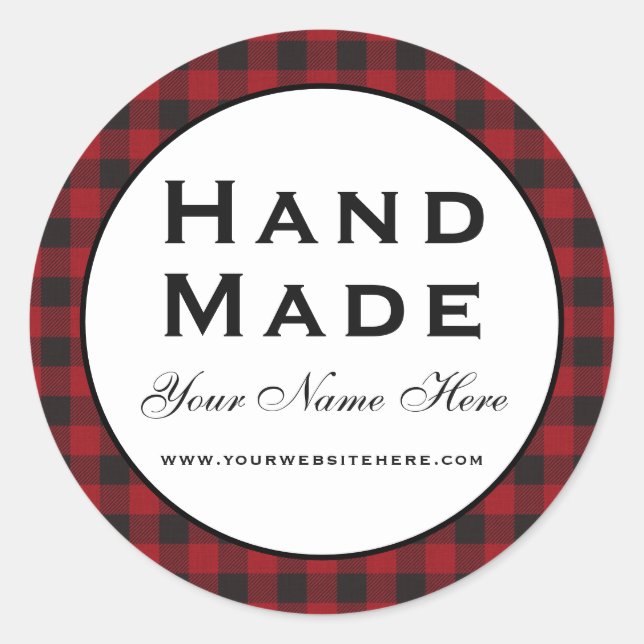Hand Made Red Plaid Classic Round Sticker (Front)