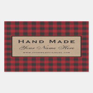 Hand Made Red Plaid Kraft Rectangular Sticker