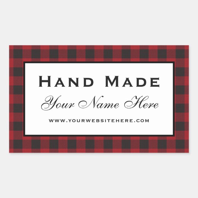 Hand Made Red Plaid Rectangular Sticker (Front)