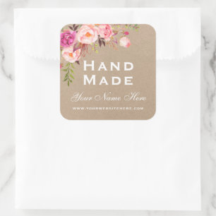 Hand Made Small Pink Watercolor Floral Kraft Square Sticker