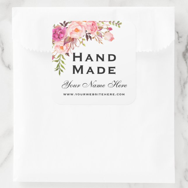 Hand Made Small Pink Watercolor Floral Square Sticker (Bag)