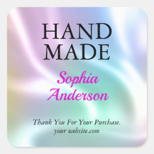 Hand Made, Thank You, Name, Iridescent Square Sticker
