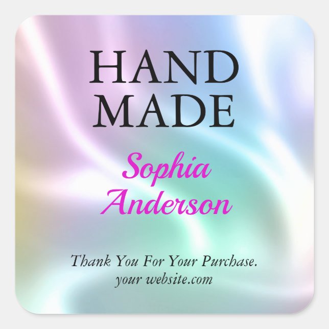 Hand Made, Thank You, Name, Iridescent Square Sticker (Front)