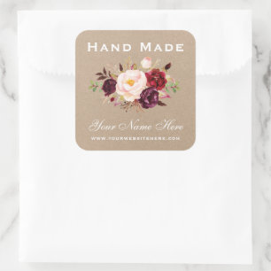 Hand Made Watercolor Burgundy Floral Kraft Small Square Sticker