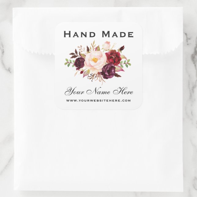 Hand Made Watercolor Floral Burgundy Small Square Sticker (Bag)