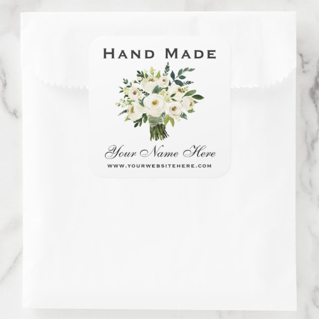 Hand Made Watercolor Green Floral Small Square Sticker (Bag)