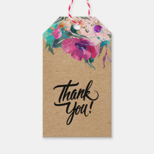 Hand made watercolor pink flowers on Kraft paper Gift Tags