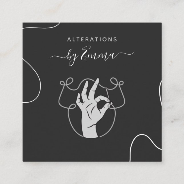 Hand Needle & Thread Logo Seamstress Tailor Grey  Square Business Card (Front)