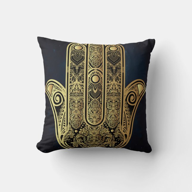 Hand of Fatima,symbol of protection,Hamsa,gold on Cushion (Front)