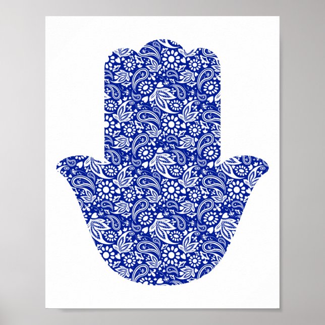 Hand of Hamsa Blue White Lucky Talisman Poster (Front)