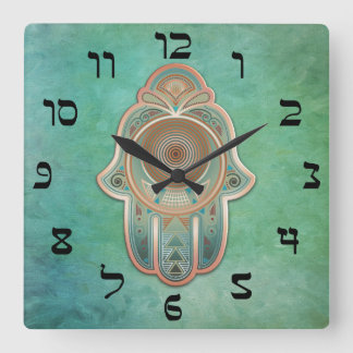 Hand of Miriam (Hamsa) in Copper and Green Square Wall Clock