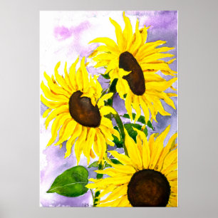 hand painted 3 yellow sunflowers watercolor poster