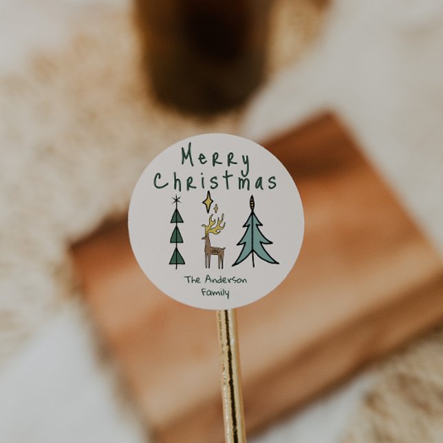 Hand Painted Abstract Christmas Tree Reindeer Classic Round Sticker (Creator Uploaded)