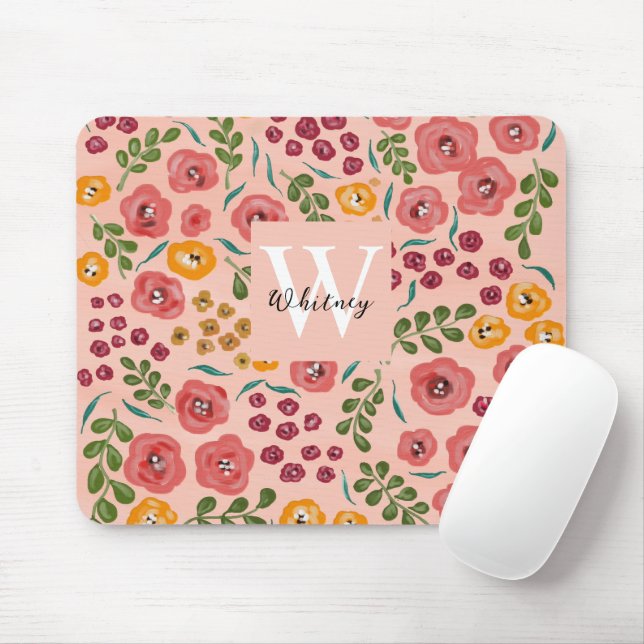  Hand-painted Abstract Floral Blush Pink Mouse Mat (With Mouse)