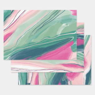 Hand painted abstract painting marbled green pink wrapping paper sheet