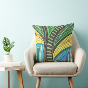 Hand Painted Abstract Tree and Geometry Design Cushion