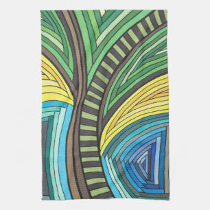 Hand Painted Abstract Tree and Geometry Design Tea Towel