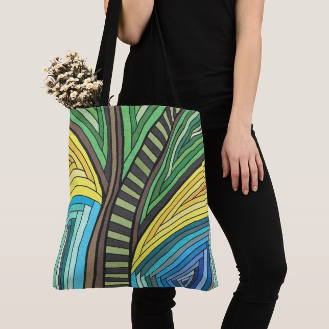 Hand Painted Abstract Tree and Geometry Design Tote Bag (Close Up)