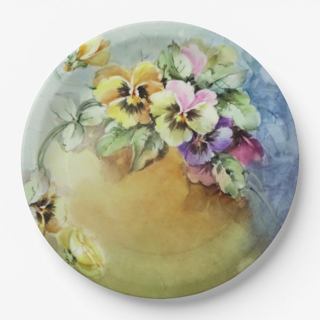 Hand Painted Antique Style Pansy Birthday Wedding Paper Plate (Front)