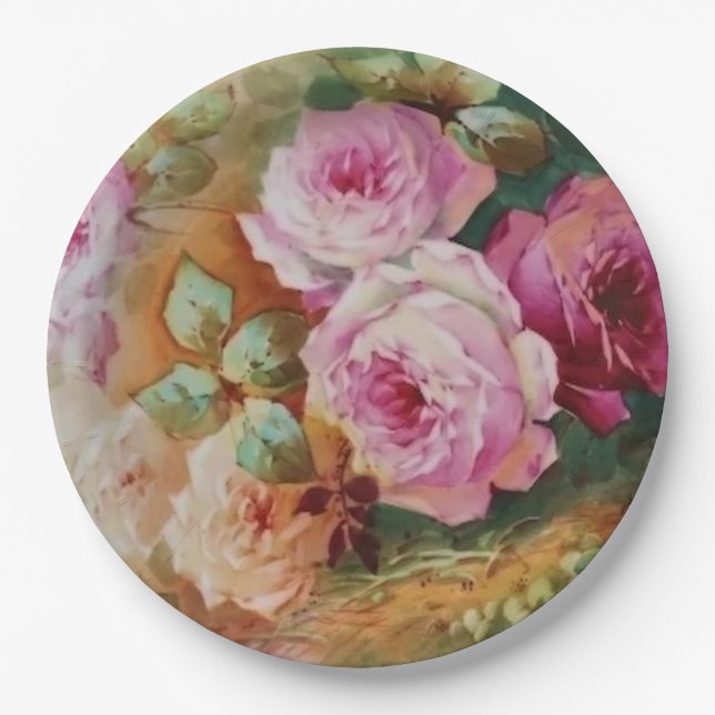 Hand Painted Antique Style Roses Birthday Wedding Paper Plate (Front)