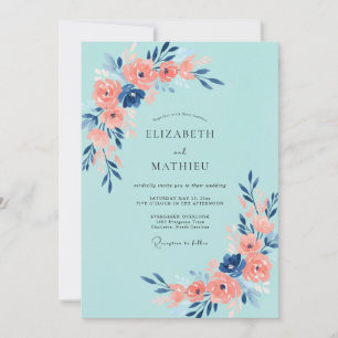 Hand Painted Aqua Coral Rose Wedding Invitation