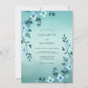 Hand Painted Aqua Leafy Wedding Invitation