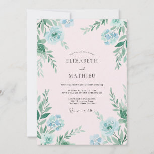 Hand Painted Aqua Mint Leafy Wedding Invitation