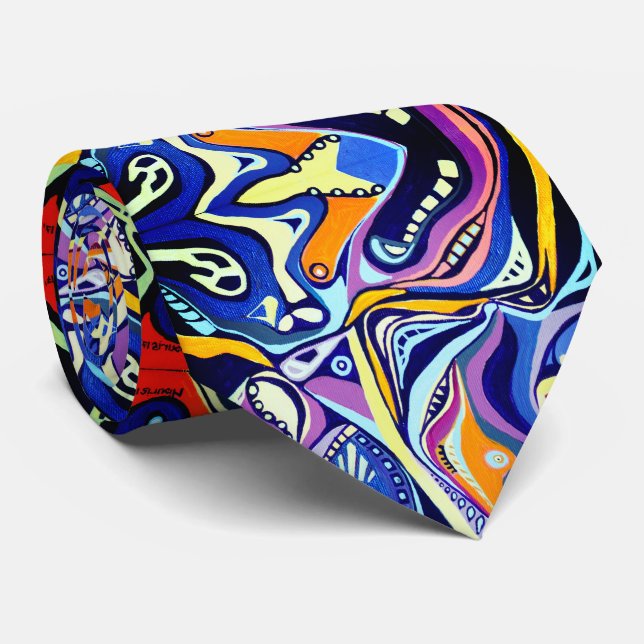 Hand painted Art Deco pattern  - orange and blue Tie (Rolled)
