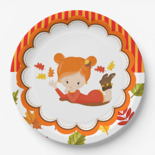 Hand Painted Autumn Adorable Girl  Paper Plate