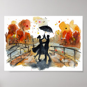 Hand Painted Autumn City Couple Silhouette Art Poster