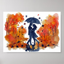Hand Painted Autumn Couple Silhouette Watercolor