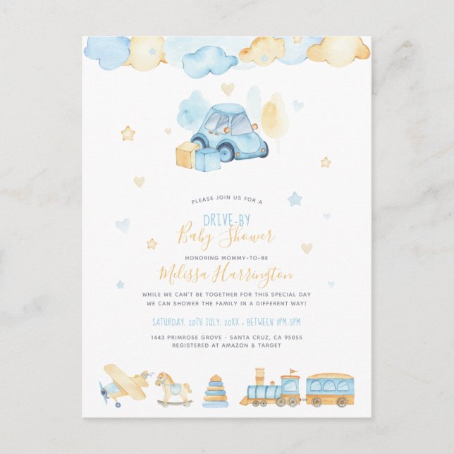 Hand Painted Baby Boy Toys Drive-By Baby Shower Invitation Postcard (Front)