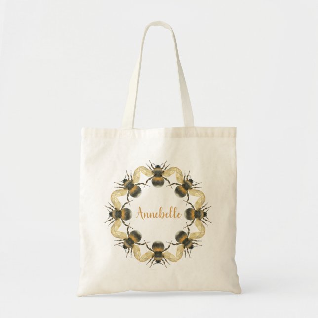 Hand Painted Bee Wreath Personalise Tote Bag (Front)