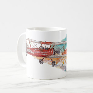 Hand Painted Biplane Bush Plane Sunset Watercolor Coffee Mug