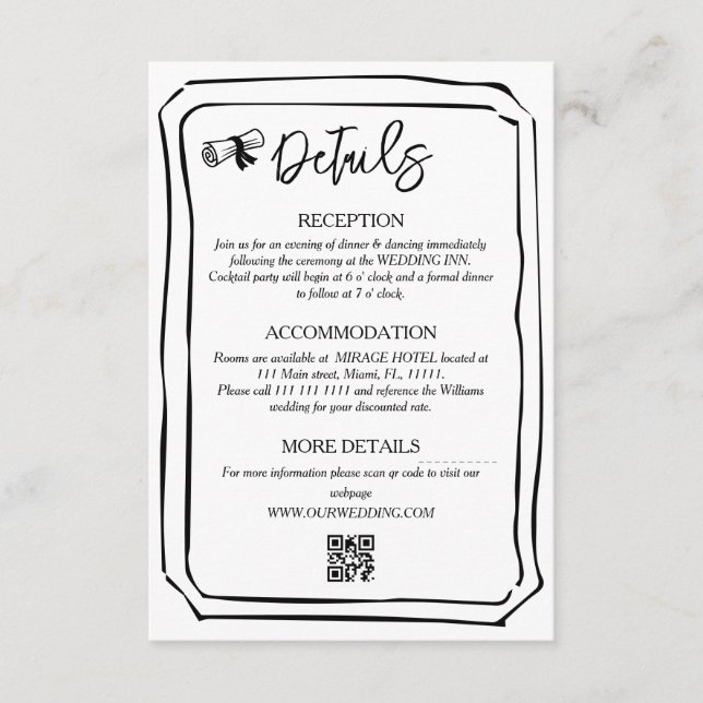 Hand Painted Black and White Wedding Info Enclosure Card (Front)