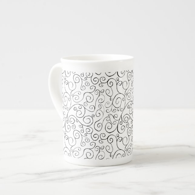 Hand-Painted Black Curvy Pattern on White Bone China Mug (Front Left)