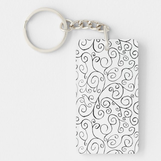 Hand-Painted Black Curvy Pattern on White Key Ring (Front)