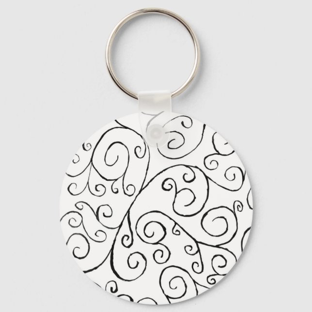 Hand-Painted Black Curvy Pattern on White Key Ring (Front)