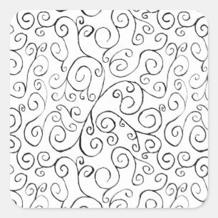 Hand-Painted Black Curvy Pattern on White Square Sticker