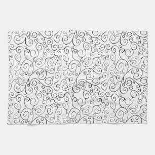Hand-Painted Black Curvy Pattern on White Tea Towel
