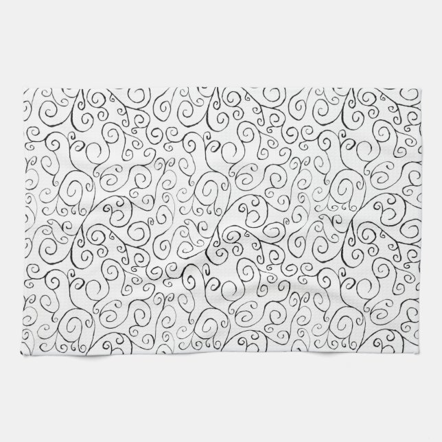Hand-Painted Black Curvy Pattern on White Tea Towel (Horizontal)