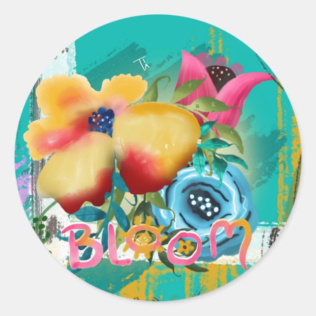 Hand-painted BLOOM Spring Floral Blossoms Classic Round Sticker (Front)