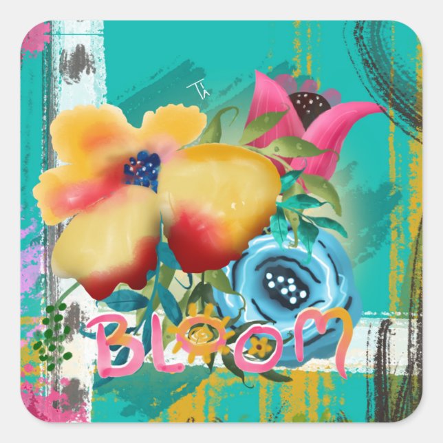 Hand-painted BLOOM Spring Floral Blossoms Square Sticker (Front)