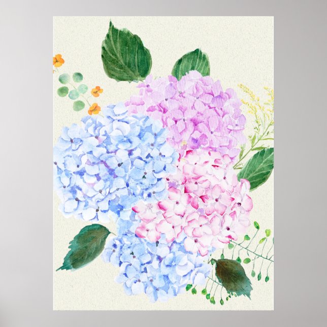 Hand painted blue and pink hydrangea poster (Front)