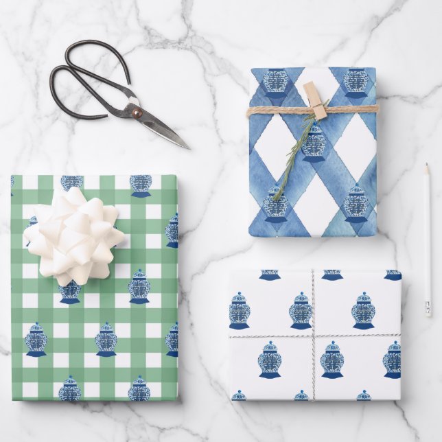 Hand Painted Blue and White Ginger Jar Wrapping Paper Sheet (Front)