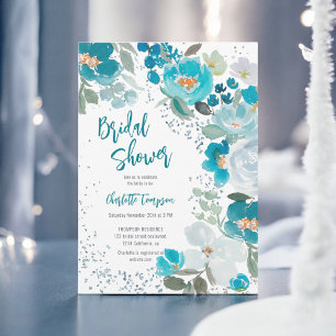 Hand Painted Blue chic Floral Winter bridal shower Invitation