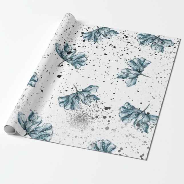 Hand painted blue Floral design Wrapping Paper (Unrolled)