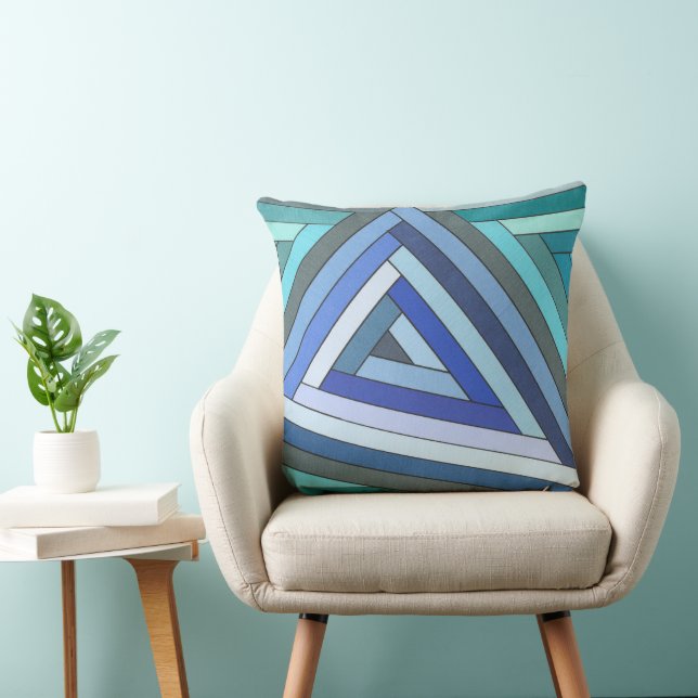 Hand Painted Blue Geometric Triangle Design Cushion (Chair)